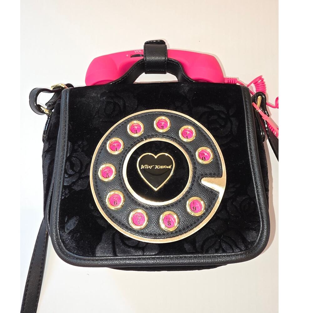Betsey Johnson "Call Me" Novelty Handbag Black Velvet Rose Retro Rotary Phone